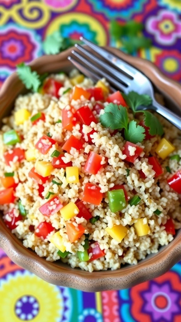 A bowl of Mexican quinoa rice with tomatoes and bell peppers, garnished with cilantro on a colorful table.